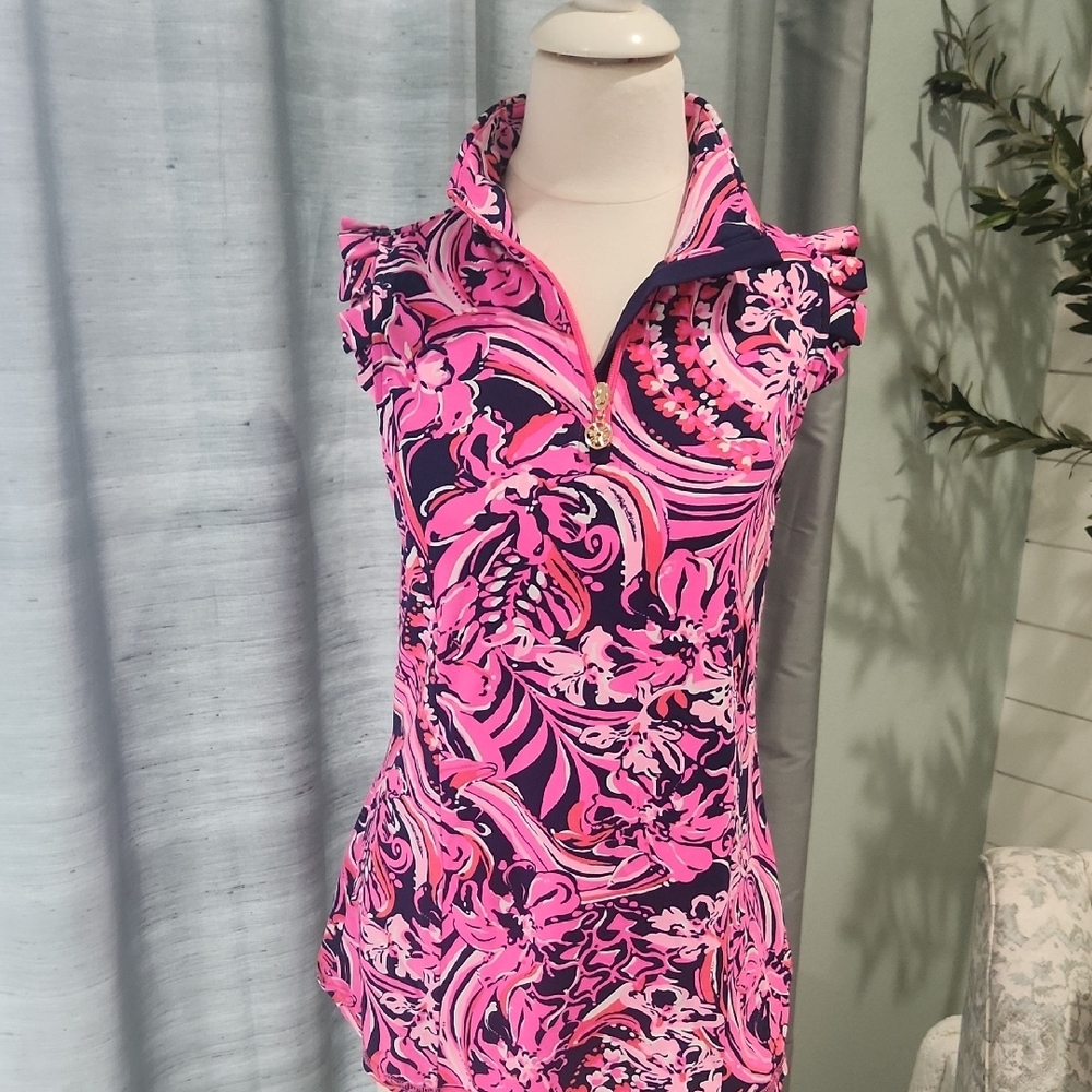 Lilly Pulitzer Vibrant Pink and Navy Ruffle Sleeve Top